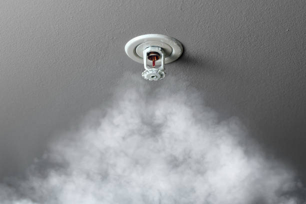 brandalarm sprinklersysteem in actie met rook - smoke alarm stockfoto's en -beelden