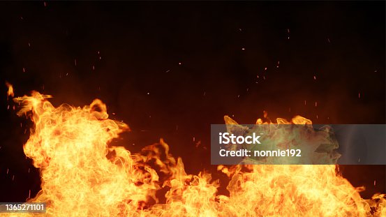 istock 3D fire and Burning embers glowing. Fire Glowing Particles on Black Background 1365271101