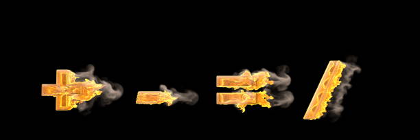 Fire and smoke plus minus (dash) equals sign and slash (stroke, solidus) isolated on black, racing speed concept font - 3D illustration of symbols Fast speed racing design alphabet, burning fire and smoke plus minus (dash) equals sign and slash (stroke, solidus) isolated on black - 3D illustration of symbols equal sign stock pictures, royalty-free photos & images