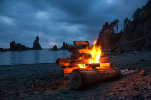 Fire at the Beach Giant fire at the beach during a vibrant sunset. Taken in Shi Shi Beach, Neah Bay, Washington Coast, North America. neah bay stock pictures, royalty-free photos & images
