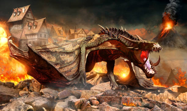 dragón de fuego atacando una ilustración 3d de la aldea - drake fotografías e imágenes de stock