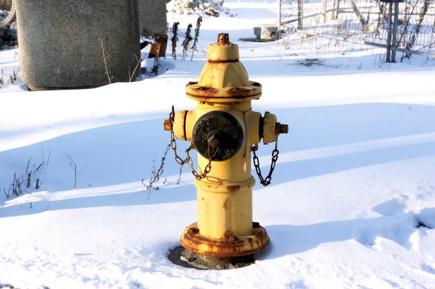 Fire Hydrant Surrounded by Snow in Winter stock photo