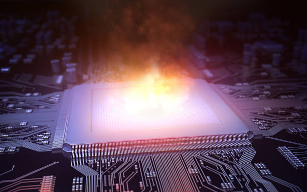 Fire in the microchip stock photo
