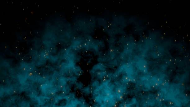 chispas de fuego volando con una animación de fondo de humo azul 3d - smoke on black fotografías e imágenes de stock
