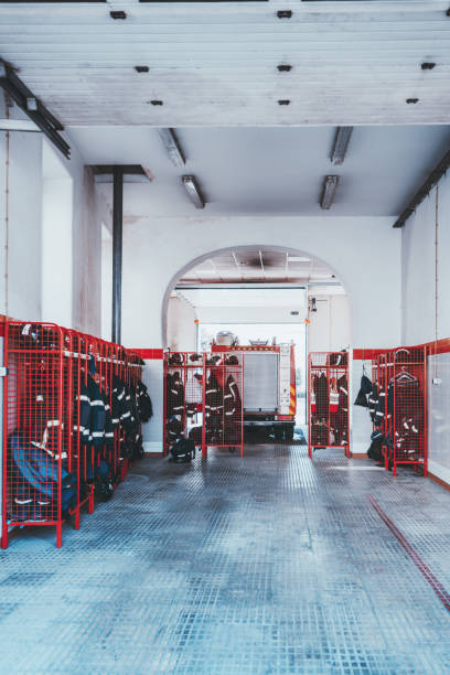 Fire station garage interior stock photo