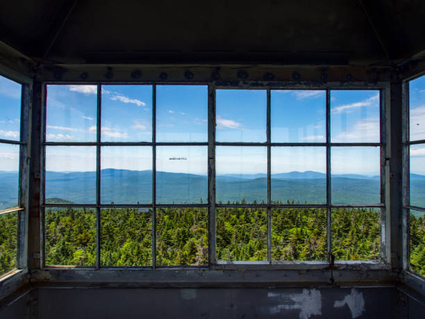Fire Tower View A view from inside a fire tower in the Green Mountains of Vermont. fire lookout tower stock pictures, royalty-free photos & images