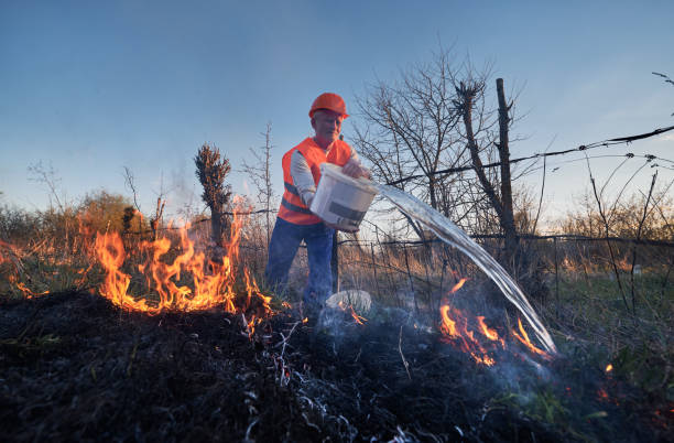 fireman ecologist fighting fire in field in the evening - save water bucket stockfoto's en -beelden