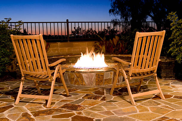 Fire-Pit, Back Yard Outdoor, Seating, Fire, Sunset, View, Luxury stock photo