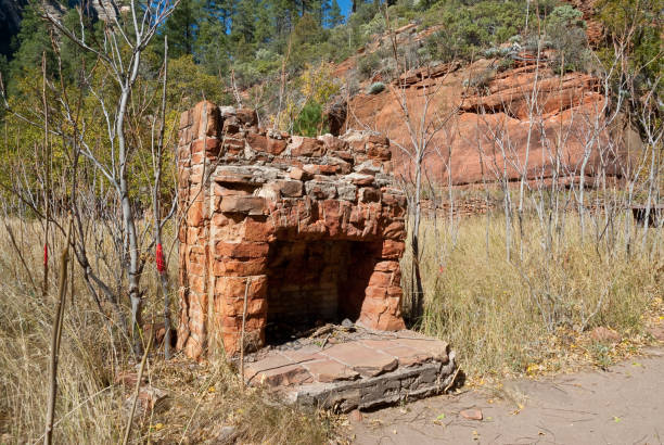 Fireplace at Historic Mayhew Lodge In 1923, Flagstaff photographer Carl Mayhew purchased a cabin and property on the banks of West Fork of Oak Creek. Mayhew added on to the cabin and in 1926 opened Mayhew Lodge for guests. The resort gained a national and international reputation and had many famous guests including President Herbert Hoover, Jimmy Stewart, Walt Disney and Clark Gable. The Mayhew family operated the lodge through 1968. In 1975 the lodge was listed on the National Register of Historic Places. Unfortunately, the lodge was destroyed by fire in 1980 and was delisted. Mayhew Lodge is in Oak Creek Canyon near Sedona, Arizona, USA. jeff goulden sedona stock pictures, royalty-free photos & images