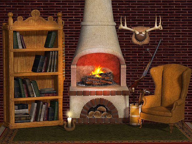 Fireplace, Hunter's house stock photo