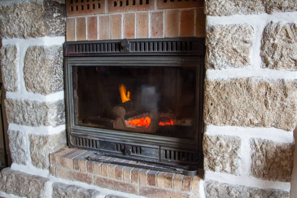 Fireplace insert in a living room stock photo