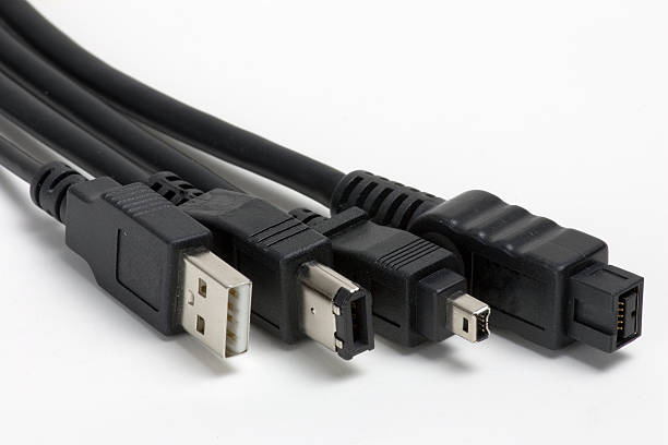 USB, FireWire 6, 4 and 9-pin plugs stock photo