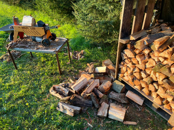 Firewood is split with a log splitter stock photo