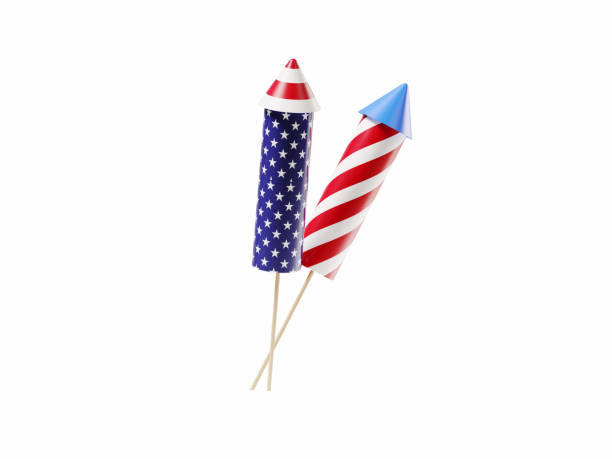 Firework Rocket Pair Isolated On White Background Red blue and white striped firework rocket pair isolated on white background. Horizontal composition with copy space. Clipping path is included. firework explosive material stock pictures, royalty-free photos & images