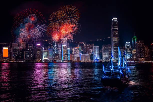 Firework show on Victoria Harbor, Hong Kong stock photo