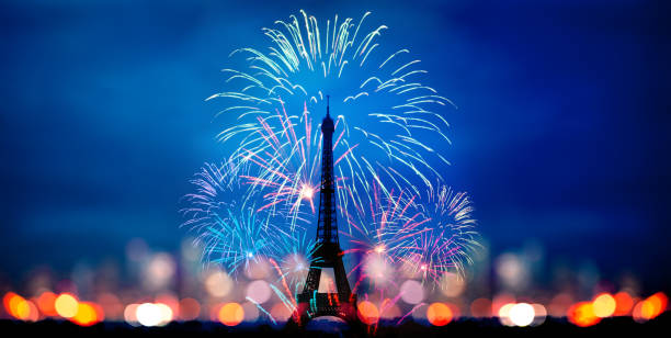 Fireworks celebration over Eifel tower in Paris stock photo