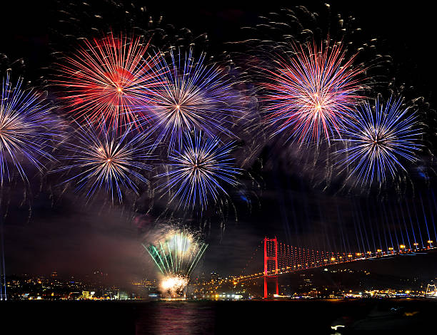 Fireworks Group on bosphorus bridge Firework Display, Firework - Man Made Object, New Year's Eve, Backgrounds, New Year's Day, bosphorus bridge, istanbul, turkiye, turkey new year's day stock pictures, royalty-free photos & images