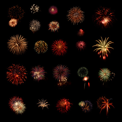 Single bursts of fireworks on black.