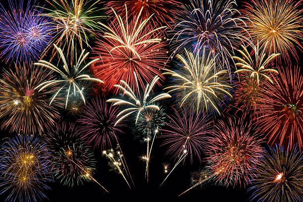 Fireworks Group Single bursts of fireworks on black. fireworks background stock pictures, royalty-free photos & images