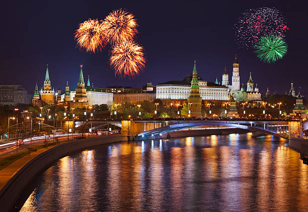 Fireworks over Kremlin in Moscow stock photo