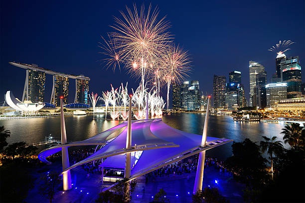 pokaz sztucznych ogni nad marina bay - happy new year zdjęcia i obrazy z banku zdjęć