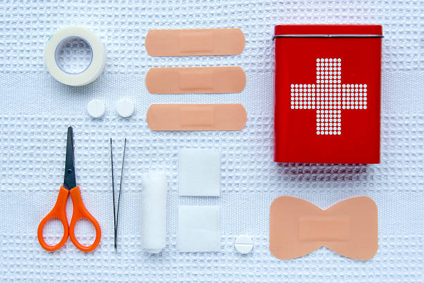 First aid articles Knolling collection of first aid articles. first aid stock pictures, royalty-free photos & images