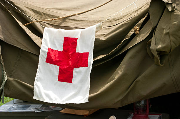 First Aid/Medic Flag on Military Tent stock photo