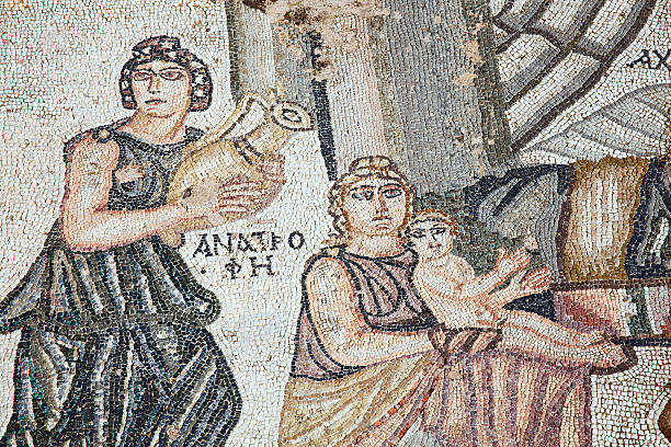 First Bath Of Archilles, Roman Mosaic, Paphos, Cyprus Achilles as a child from the 4th century Roman mosaic of  the first bath of Archilles at the Villa of Theseus, Paphos Archaeological Park, Cyprus ancient rome stock pictures, royalty-free photos & images