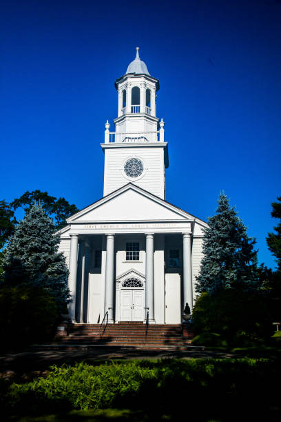 First Church Of Christ, Scientist with morning sun and blue sky view from Park Street stock photo