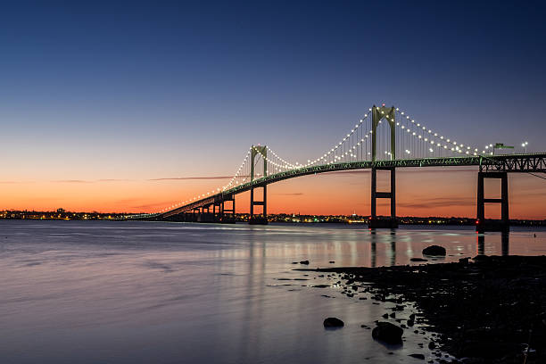 First light at Newport RI Claiborne Pell Newport Bridge.   newport rhode island stock pictures, royalty-free photos & images