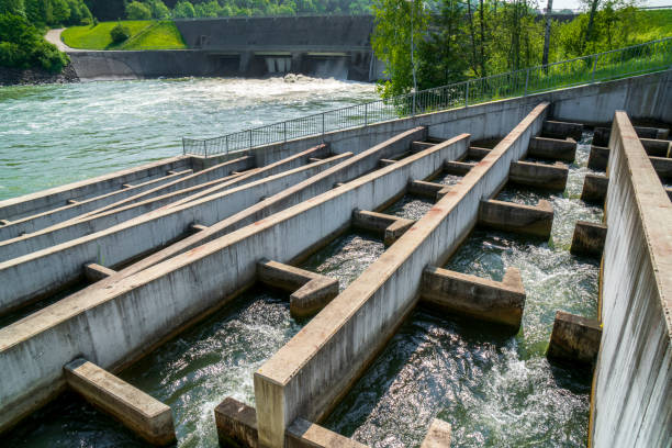 fish ladder for migration of spawning fish in river stream fish ladder for migration of spawning fish in river stream lech river stock pictures, royalty-free photos & images
