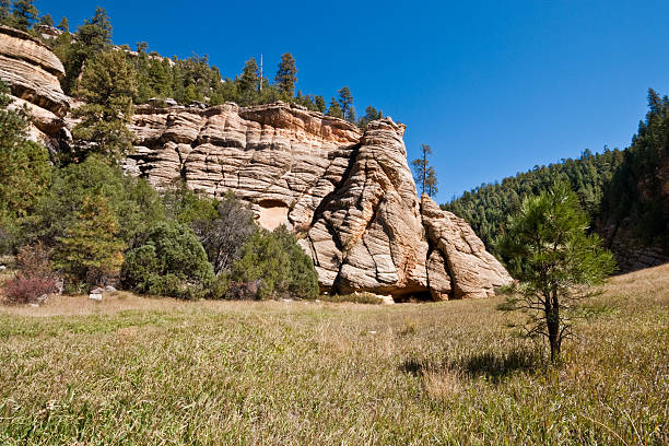 Fisher Point at the Entrance to Walnut Canyon Fisher Point is a large and beautifully colored formation of Coconino Sandstone at the western end of Walnut Canyon and the northern end of Sandy’s Canyon. Fisher Point is named for Ed Fisher, an early forest ranger. Fisher Point is located next to the Arizona Trail in the Coconino National Forest near Flagstaff, Arizona, USA. jeff goulden route 66 stock pictures, royalty-free photos & images