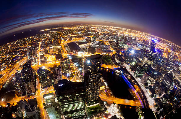 Fisheye view of Melbourne cityscape at night Melbourne at night, fisheye view fish eye lens stock pictures, royalty-free photos & images