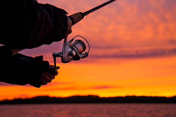 Fishing at sunset stock photo