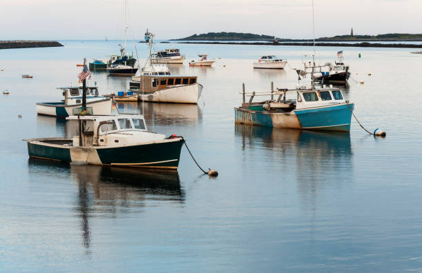 Fishing boats in a harbor Camp Ellis, Maine, on a summer day stock photo