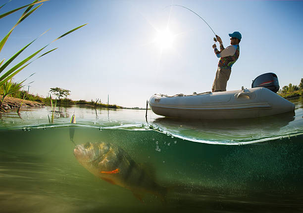Fishing. Fisherman on the boat. Underwater view Fly Fishing for trout. fishing stock pictures, royalty-free photos & images