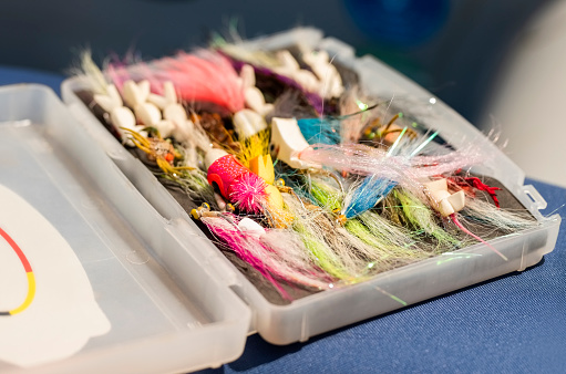 Close-up of fishing lures and accessories in the plastic box outdoors