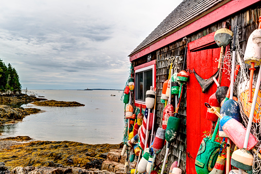 Fishing Shack In A Maine Harbor Stock Photo - Download Image Now - iStock