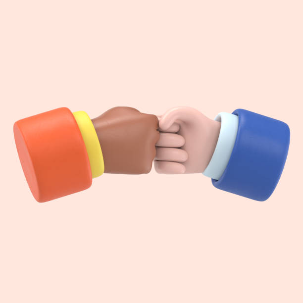 Fist to fist greeting, alternative to shaking hands, fist to fist punch, illustration isolated on yellow background, 3D rendering stock photo