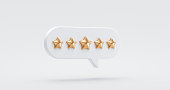 istock Five gold star rate review customer experience quality service excellent feedback concept on best rating satisfaction background with flat design ranking icon symbol. 3D rendering. 1329308923