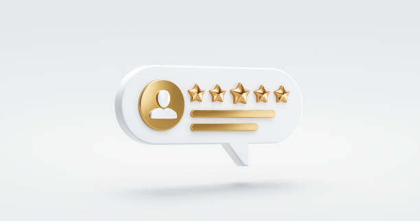 Five gold star rate review customer experience quality service excellent feedback concept on best rating satisfaction background with flat design ranking icon symbol. 3D rendering. stock photo