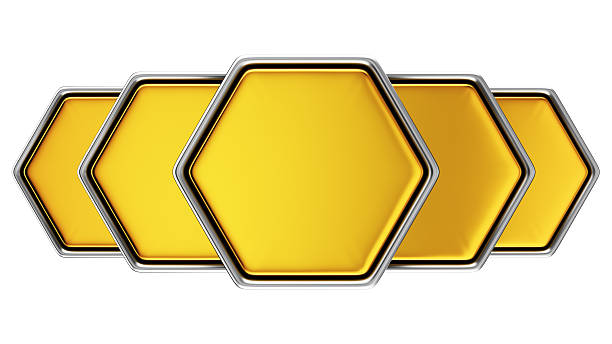 Five golden hexagons stock photo