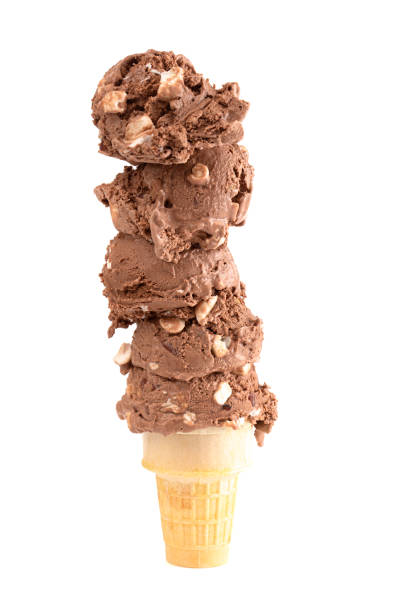 Five Scoops of Rocky Road Ice Cream in a Tower on a Cone stock photo
