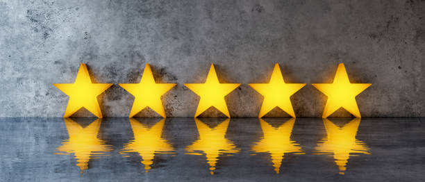 Five stars on grey concrete background 3d render Five stars on grey concrete background 3d render 3d illustration perfection stock pictures, royalty-free photos & images