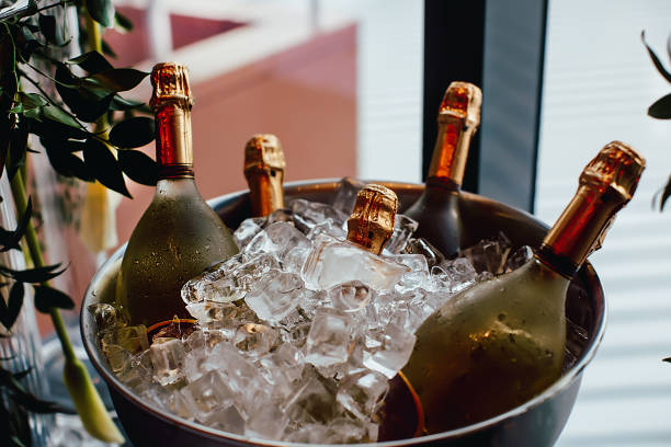 Five wine bottles chill in ice bucket stock photo