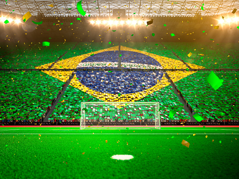 Flag Brazil of fans. Evening stadium arena soccer field championship win. Confetti and tinsel