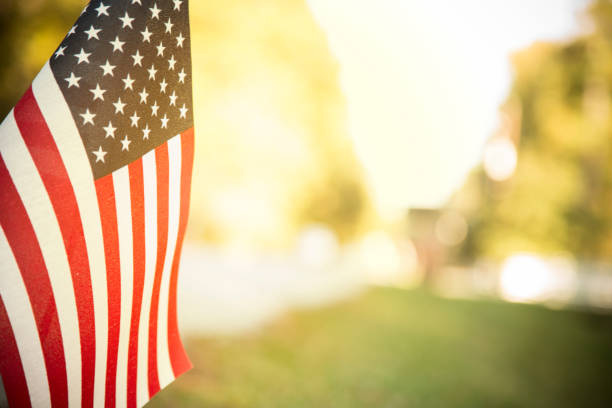 USA flag flies in afternoon sun along neighborhood road. USA flag flying along a neighborhood road with late afternoon sun shining through the fabric.  Trees line the street.  Copyspace. memorial day stock pictures, royalty-free photos & images