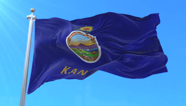 Flag of american state of Kansas, region of the United States Flag of american state of Kansas, region of the United States, waving at wind olathe kansas stock pictures, royalty-free photos & images
