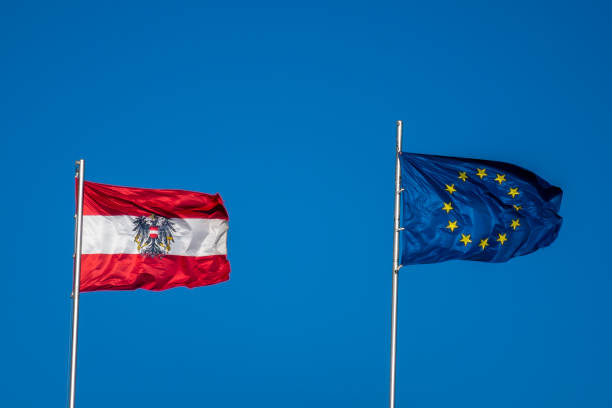 Flag of Austria and the European Union for the EU Counsil Presidency stock photo