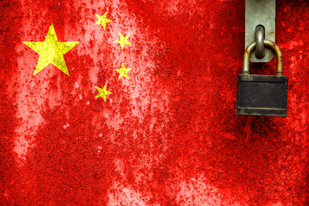 Flag of China is in texture. Template. Coronavirus pandemic. Countries are closed. Locks. stock photo